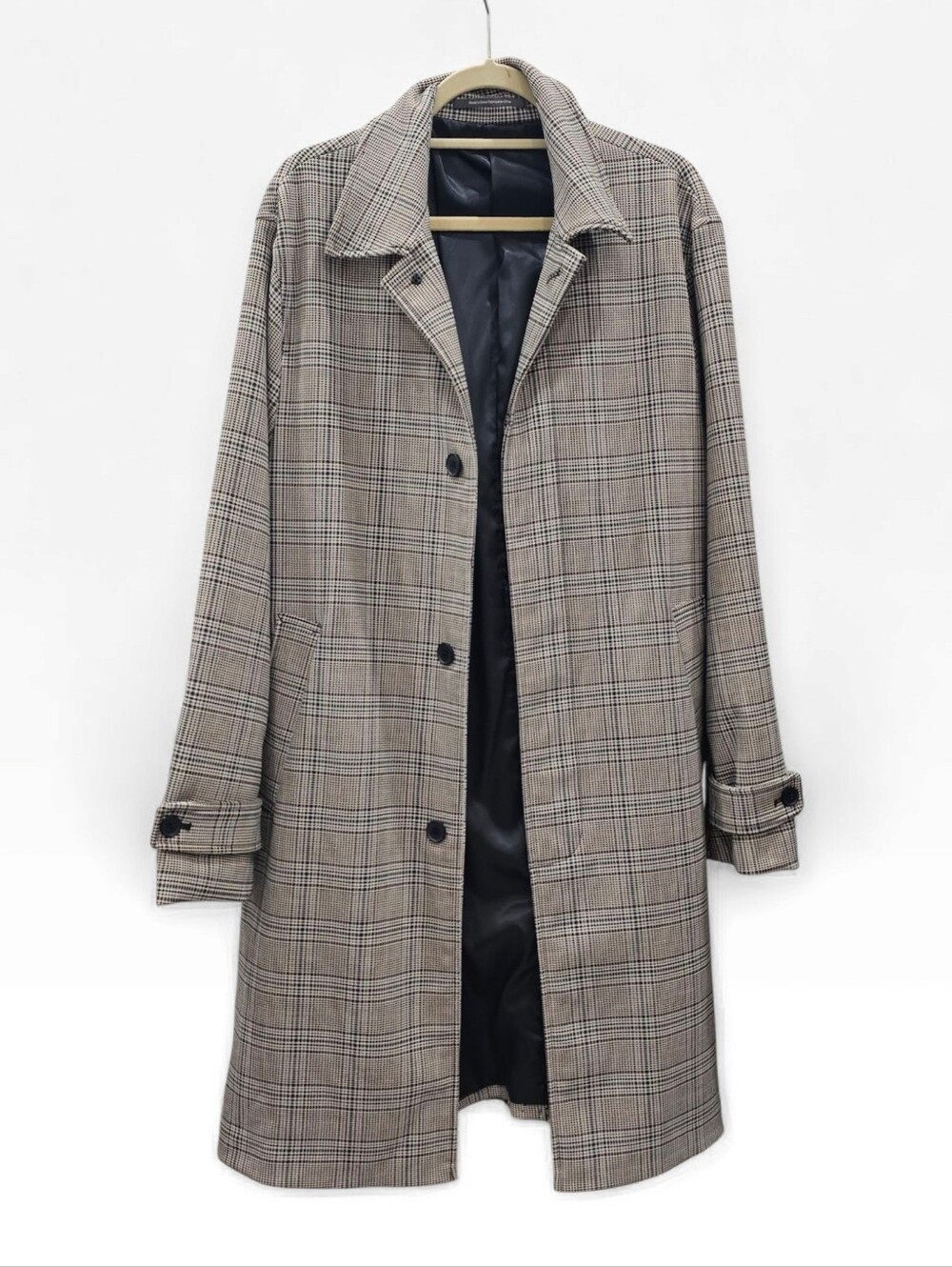 H&M Men Brown White Glen Plaid Mid Length Single Breasted Trench Coat 42R